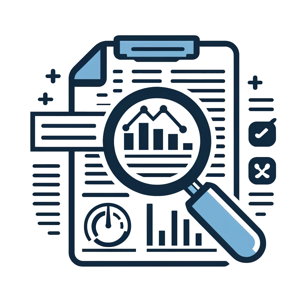 An illustration of a clipboard with charts and graphs. A magnifying glass is focusing on a bar graph. Additional icons include a gauge and checkmarks.