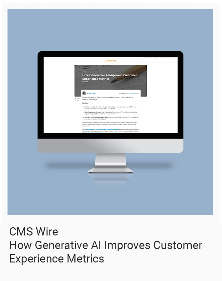 A computer screen displays an article titled "How Generative AI Improves Customer Experience Metrics" from CMS Wire.