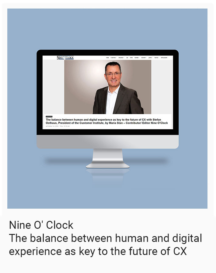 A computer screen displaying an article titled "The balance between human and digital experience as key to the future of CX" featuring a portrait of a man in a suit.