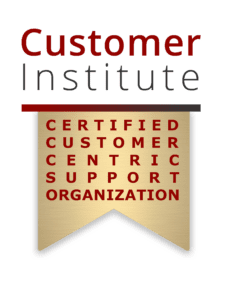 Customer Institute badge with text: "Certified Customer Centric Support Organization" on a gold banner.