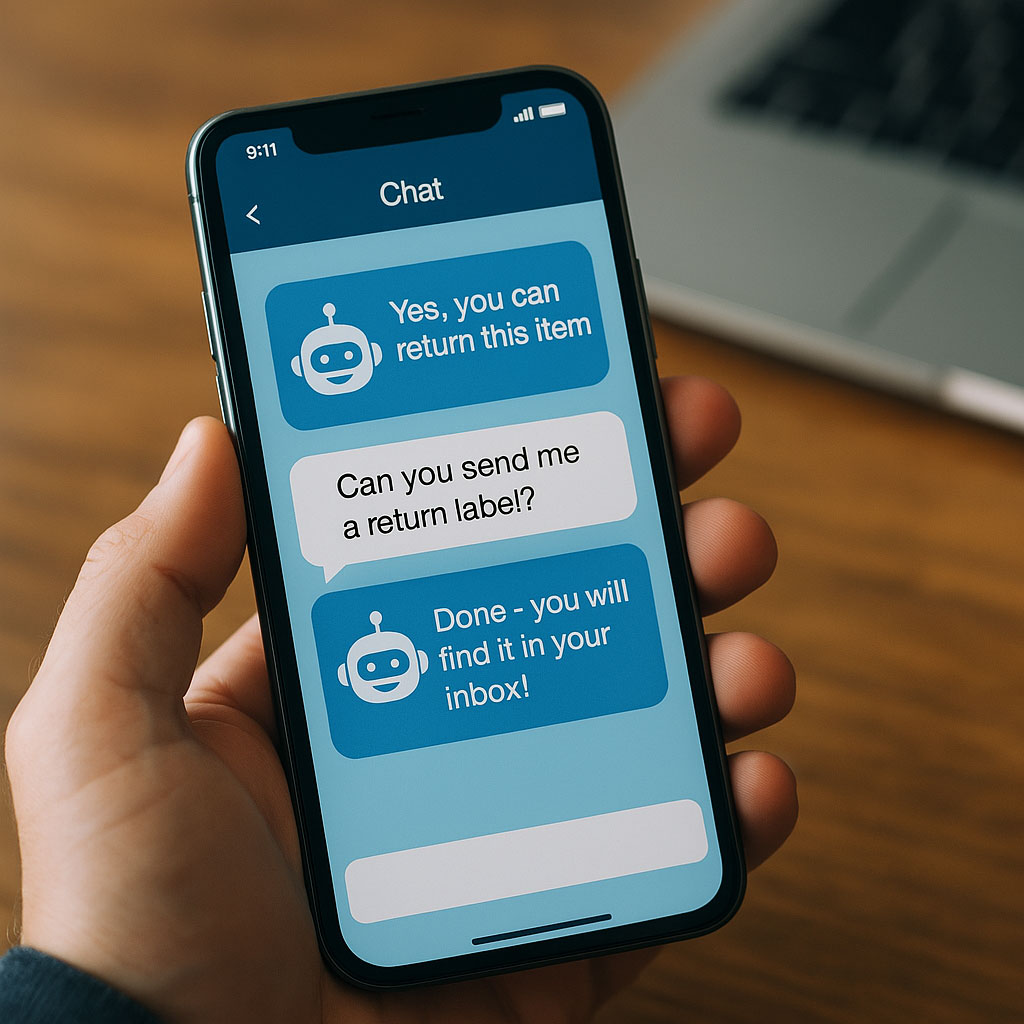 A hand holds a phone displaying a chat with an AI customer service chatbot about returning an item. The bot confirms sending a return label via email, while a laptop sits in the background.