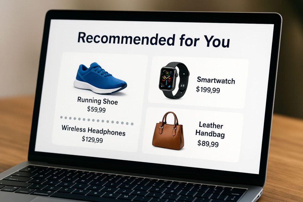 Laptop screen displaying AI recommendations: running shoe $59.99, smartwatch $199.99, wireless headphones $129.99, leather handbag $89.99.