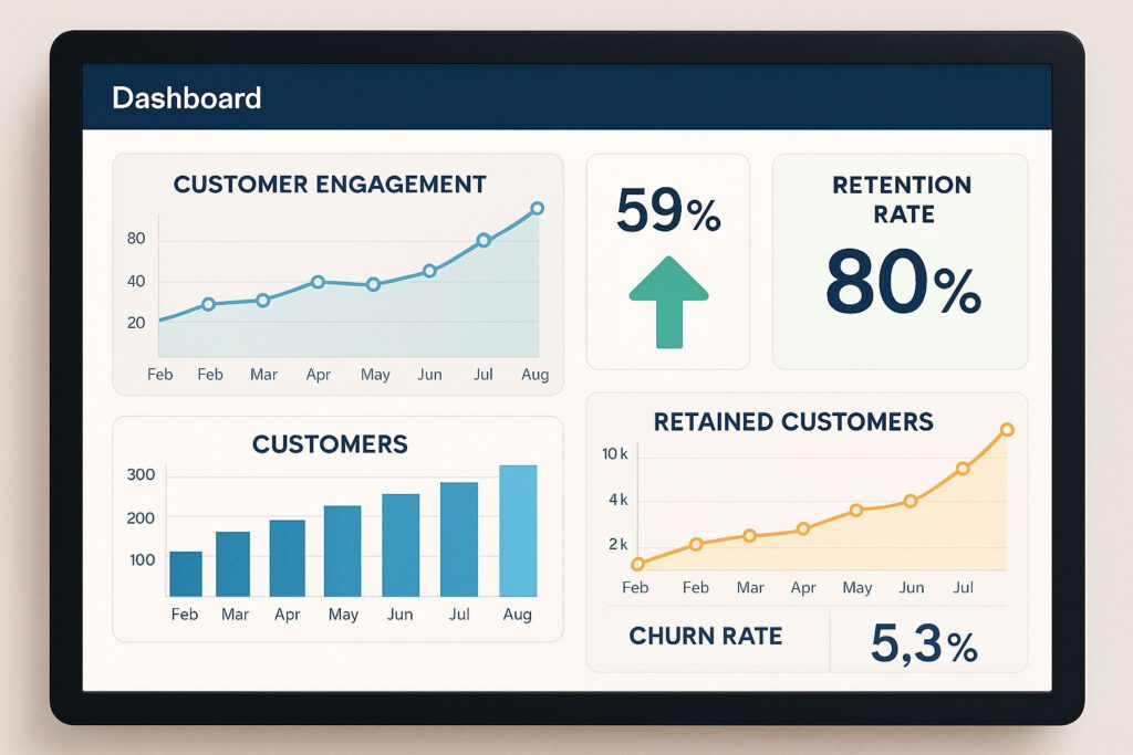 Dashboard showing graphs: rising customer engagement, increased retention rate at 80%, upward arrow at 59%, bar chart of customers, retained customers graph, churn rate at 5.3%.