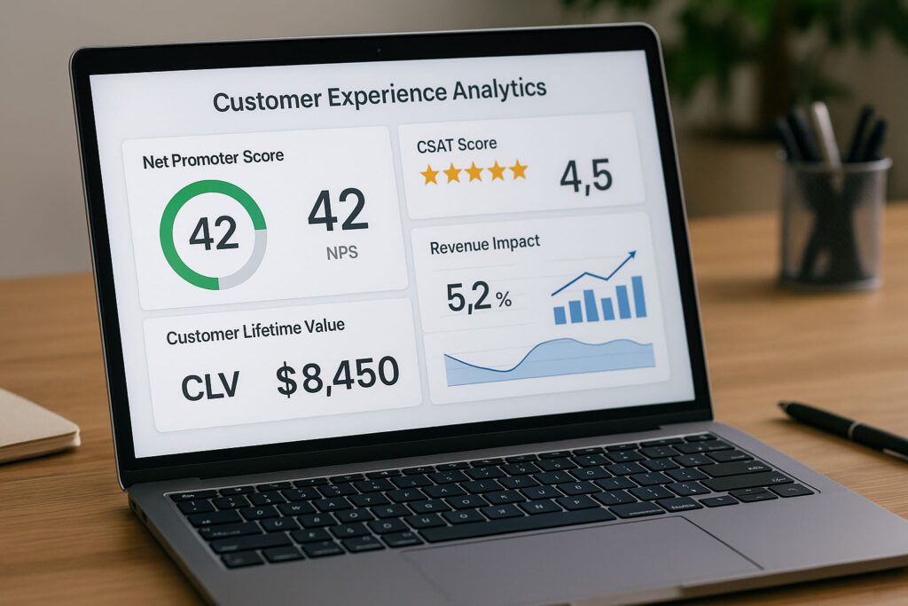 A laptop displaying a customer experience analytics dashboard with scores for NPS, CSAT, revenue impact, and customer lifetime value.