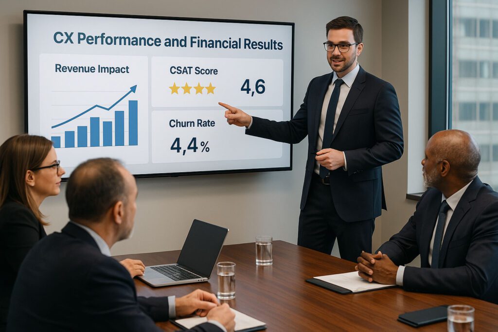 A man in a suit presents CX performance and financial results to colleagues with charts and metrics displayed on a screen in a conference room.