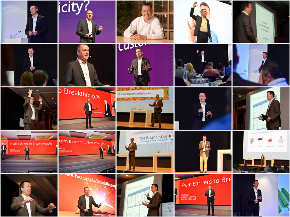 A collage of a man giving presentations on stage, using slides and gestures, in various business and conference settings.