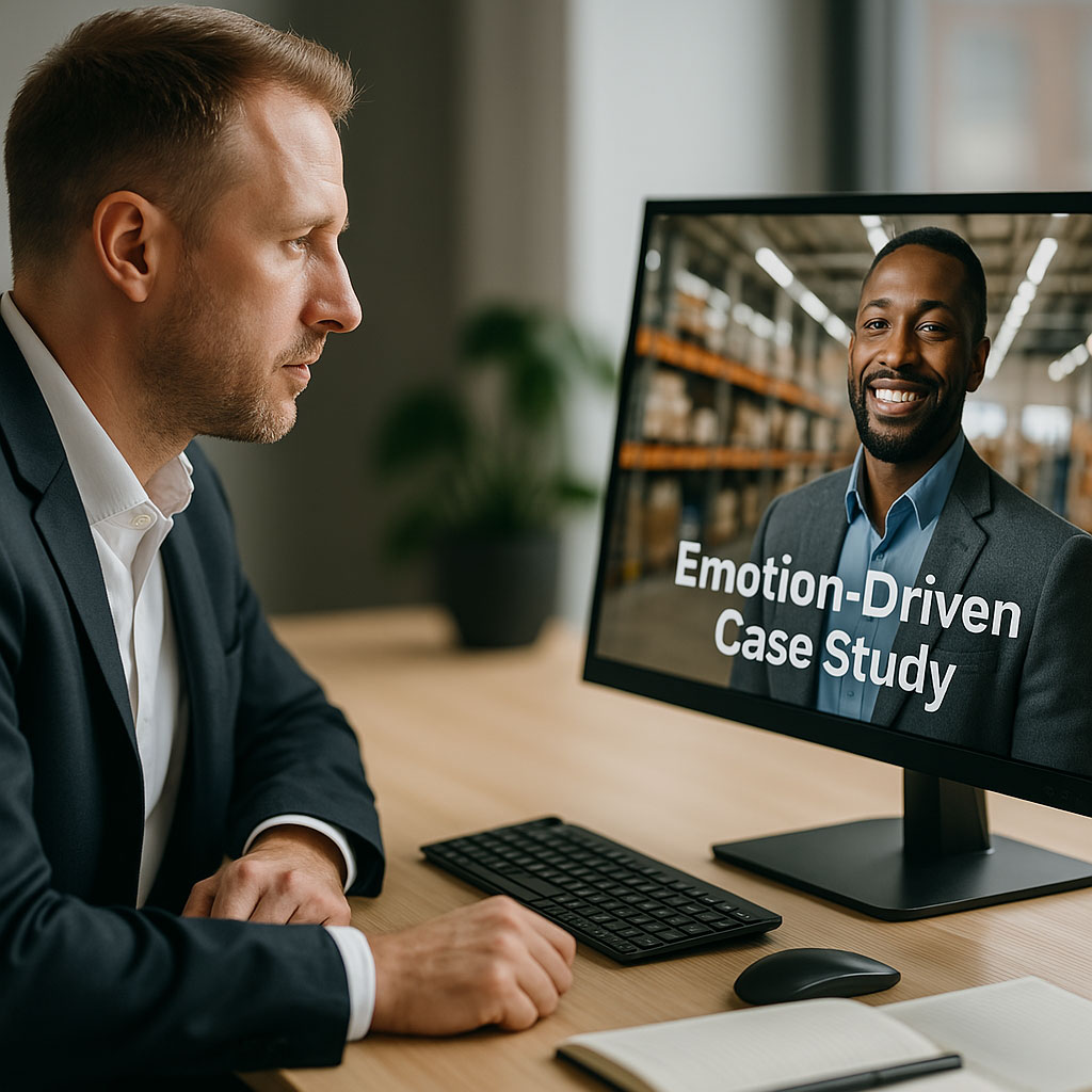 A man in a suit sits at a desk watching a computer screen displaying a smiling man and the text "Emotion-Driven Case Study.
