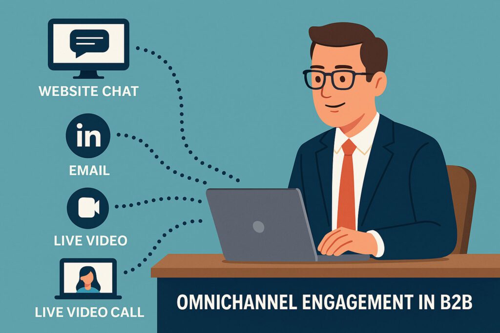 Illustration of a man in a suit using a laptop, with icons and labels for website chat, email, live video, and live video call, titled "Omnichannel Engagement in B2B.