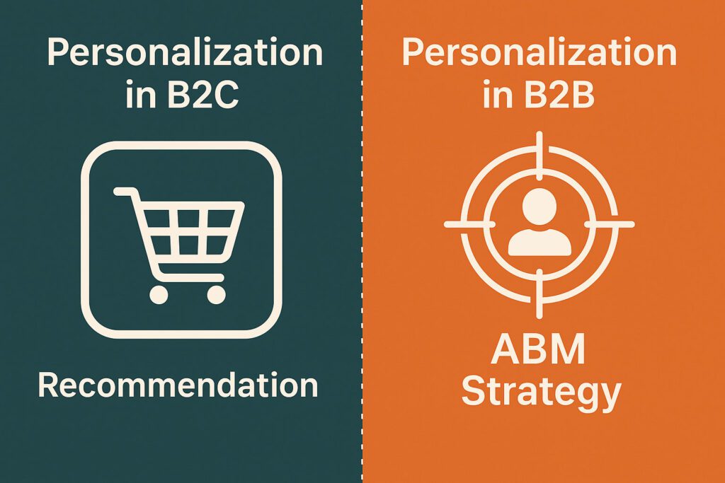 A graphic compares B2C personalization via recommendations, shown with a shopping cart, and B2B personalization via ABM strategy, shown with a target and user icon.