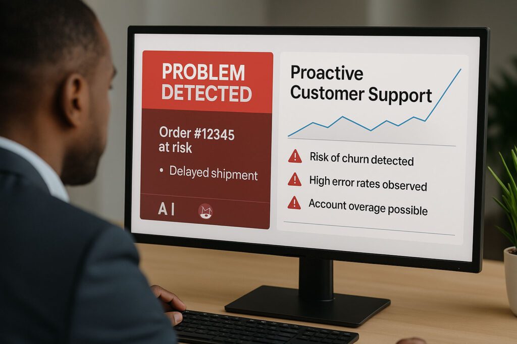 A man looks at a computer monitor displaying a problem detected alert for order #12345 and a list of risks under proactive customer support.