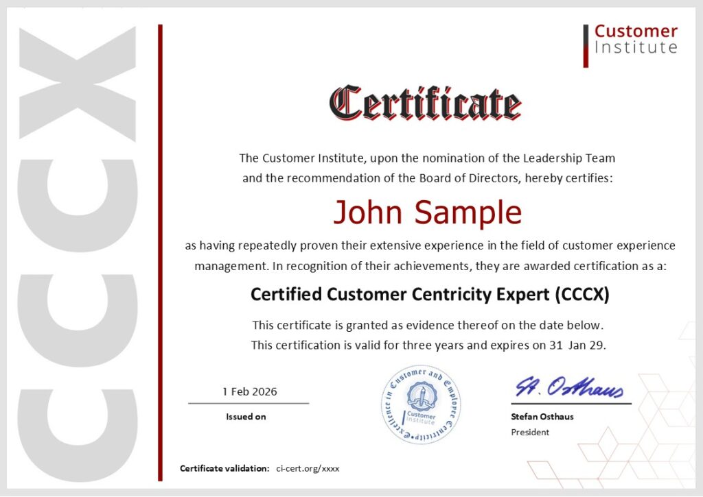 Certificate awarded to John Sample by the Customer Institute, recognizing him as a Certified Customer Centricity Expert (CCCE) with validity from 1 Feb 2026 to 31 Jan 2029.