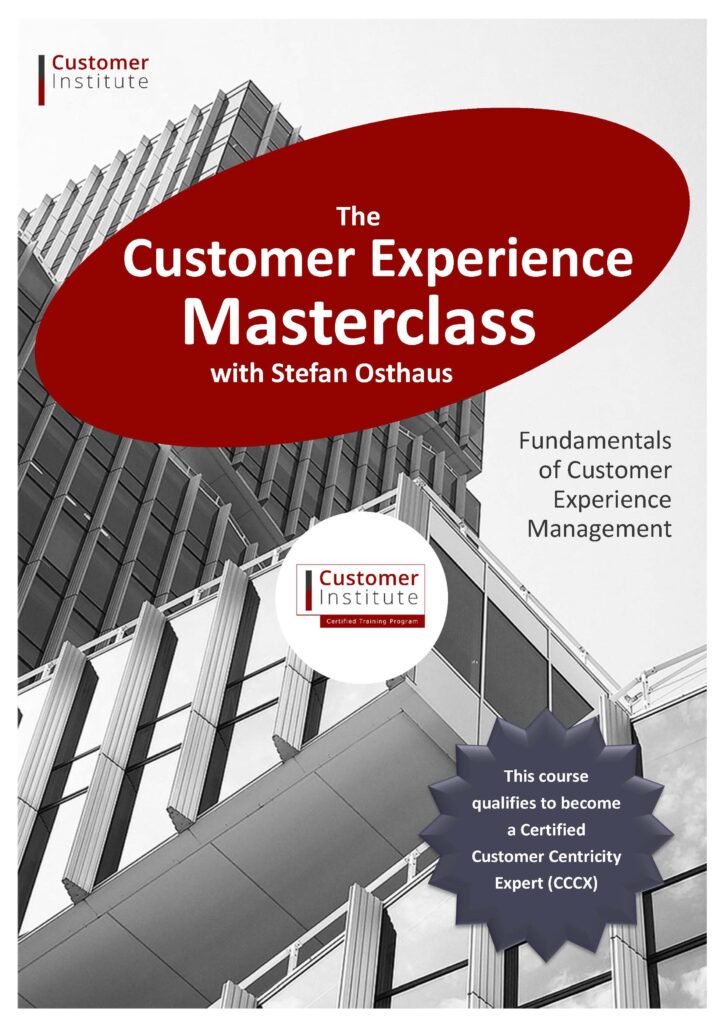 Poster for "The Customer Experience Masterclass with Stefan Osthaus" featuring a modern building, course details, and certification qualification information.