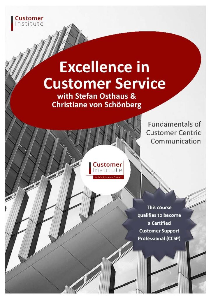 A promotional poster for a customer service course featuring a modern glass building, course title, instructors' names, and a badge noting certification opportunity.