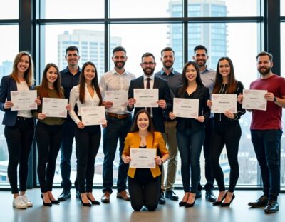 A group of twelve people poses indoors in front of large windows, holding certificates and smiling; one person is kneeling in the front row.
