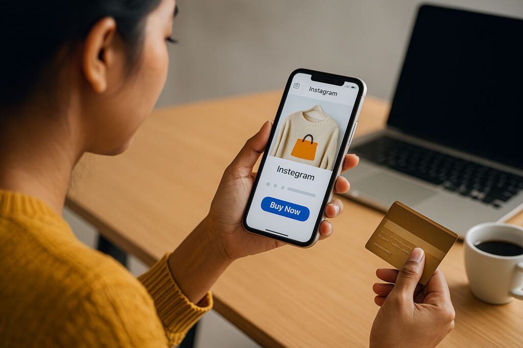 A woman holds a credit card and uses her smartphone to explore clothing on Instagram, showcasing strategies for adapting CX to emerging markets amid online shopping, with a laptop and coffee cup on the table.