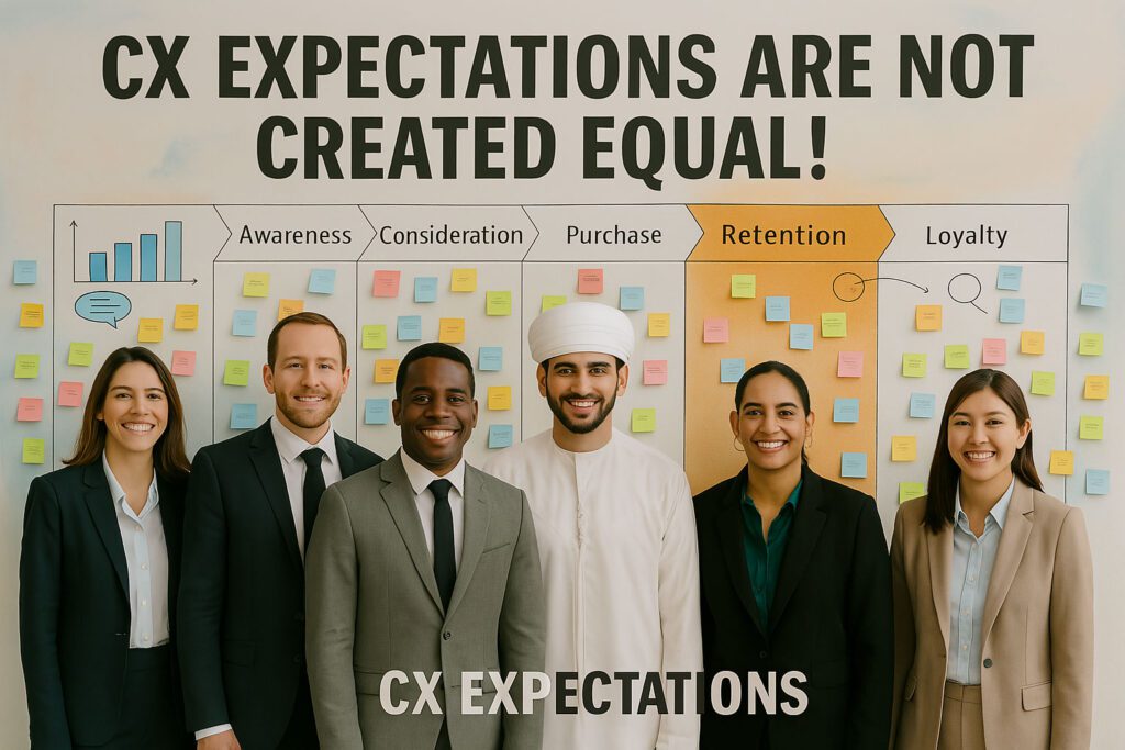 Six professionals stand in front of a customer journey chart with colorful sticky notes, under the heading "CX EXPECTATIONS ARE NOT CREATED EQUAL!.