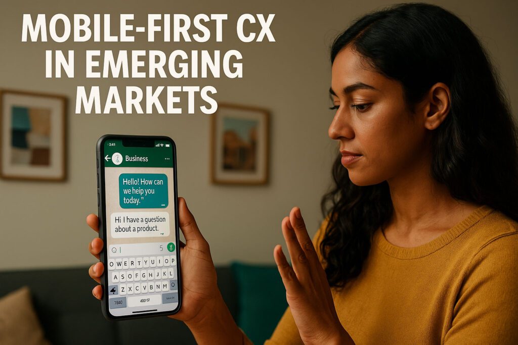 A woman holds a smartphone displaying a customer service chat. The text "Mobile-First CX in Emerging Markets" appears in large letters above her.