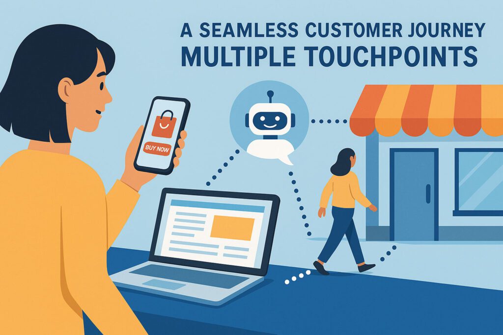 Illustration of a woman using a smartphone and laptop, with icons connecting to a chatbot and storefront, representing multiple touchpoints along the customer journey.