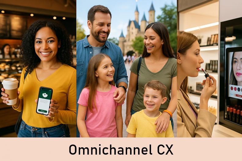 A woman holding a smartphone with an omnichannel CX app, a family smiling outside, and a woman testing lipstick in-store; text reads "Omnichannel CX.