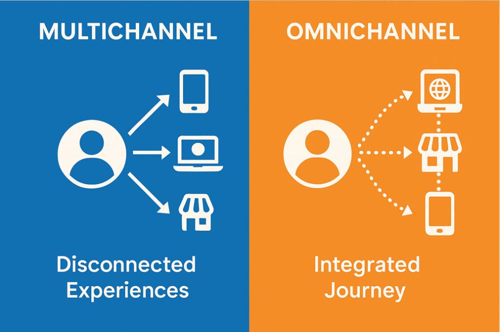Split graphic comparing multichannel with disconnected experiences on blue, and omnichannel with an integrated journey on orange, using icons of people, devices, and stores.