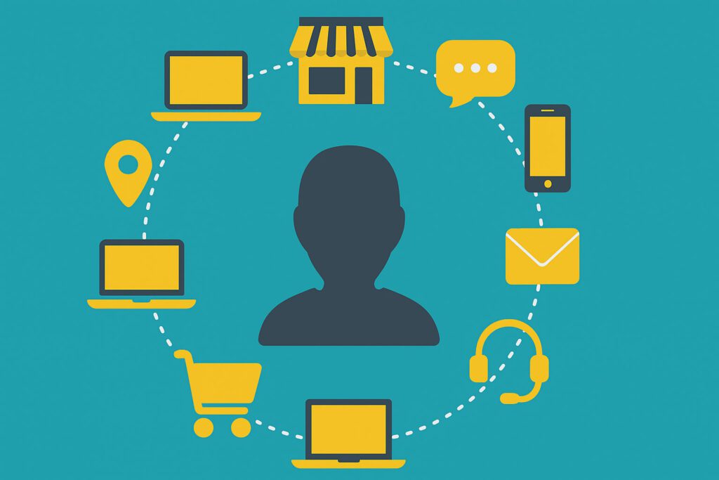 Silhouette of a person surrounded by icons representing online shopping, email, messaging, store, laptop, location, and customer service, illustrating digital connectivity.