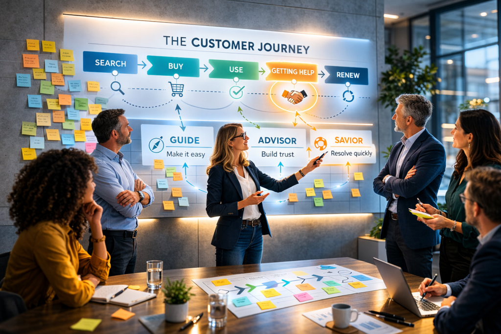 A group of professionals discusses a customer journey diagram on a wall, highlighting stages like search, buy, use, getting help, and renew, with sticky notes and charts visible.