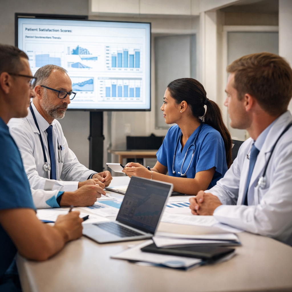 Four medical professionals in discussion at a meeting table with laptops and documents, reviewing patient satisfaction scores displayed on a screen in the background.