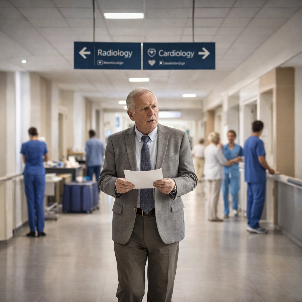 An older man in a suit holds papers while walking down a hospital corridor, with medical staff in scrubs and directional signs for radiology and cardiology visible.