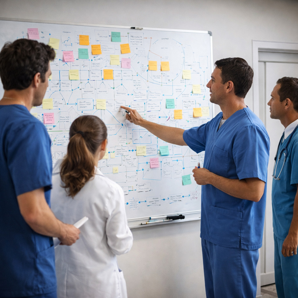 Four medical professionals discuss notes and diagrams on a whiteboard covered with sticky notes and charts in a clinical setting.