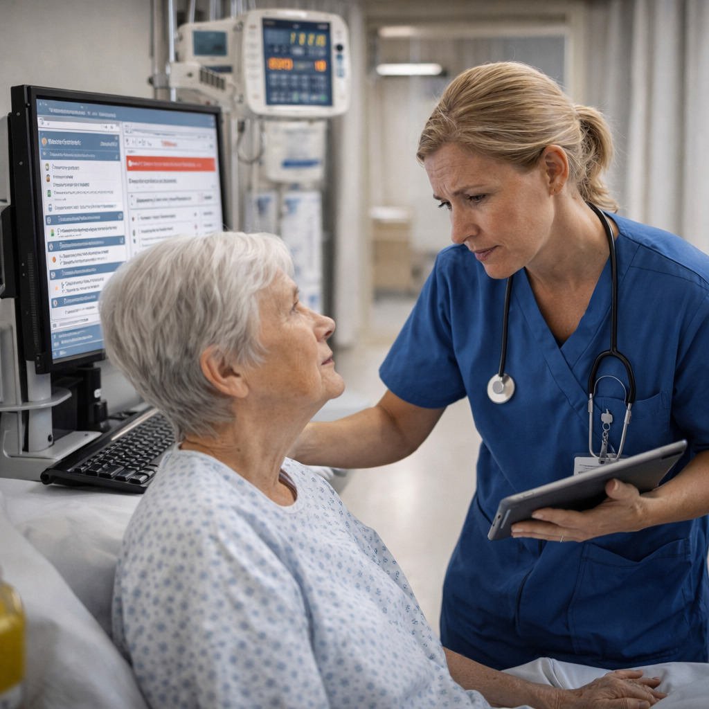 A nurse in blue scrubs speaks with an older woman in a hospital gown, with medical equipment and a computer displaying patient data in the background.