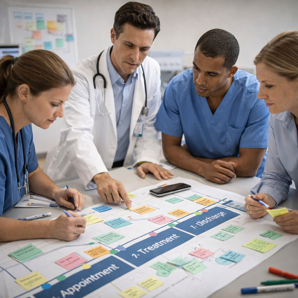 Four healthcare professionals review a patient treatment flowchart with sticky notes, discussing steps labeled Appointment, Treatment, and Discharge.