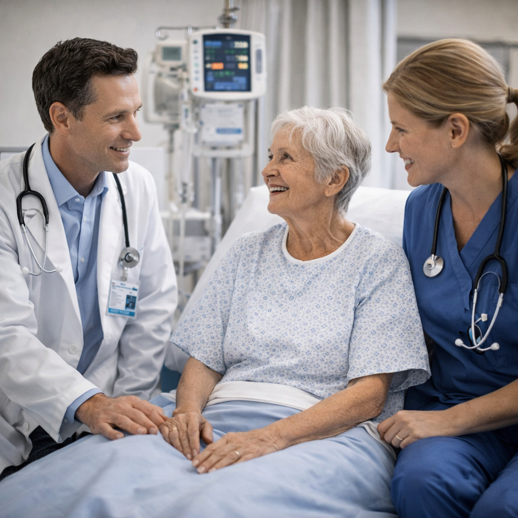 An elderly woman sits in a hospital bed smiling, with a doctor and nurse beside her. Medical equipment is visible in the background.